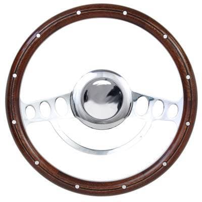 14" Chrome Hot Rod Steering Wheel w/Mahogany Half-Wrap