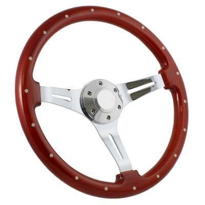 15" Mahogany & Chrome Steering Wheel - Euro Split Spoke - Full Install Kit