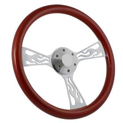 15" Mahogany & Chrome Steering Wheel - Flamed - Full Install Kit