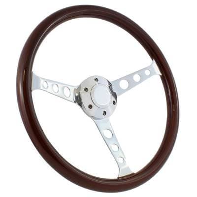 15" Mahogany & Chrome Steering Wheel - Classic 3-Spoke - Full Install Kit -Brazil
