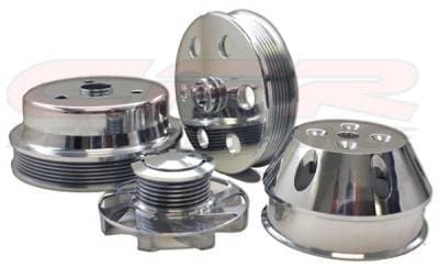 Serpentine Pulley Set for Small Block Chevy (Long Water Pump)  6 Groove Polished Billet Aluminum