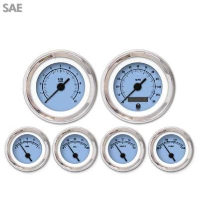 6 Gauge Set - SAE Rider Blue , Black Vintage Needles, Chrome Trim Rings ~ Style Kit Installed