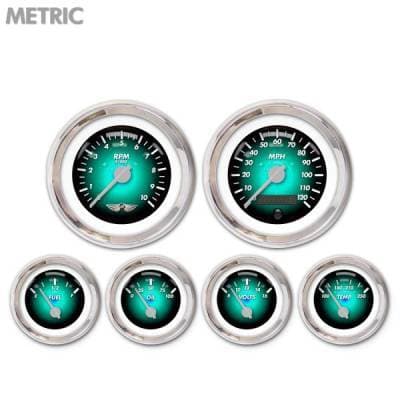 6 Gauge Set with emblem - Metric Pulsar Aqua, Silver Modern Needles, Chrome Trim Rings ~ Style Kit DIY Install