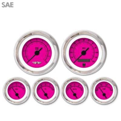 6 Gauge Set - SAE Rider Pink , Black Vintage Needles, Chrome Trim Rings ~ Style Kit Installed