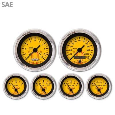 6 Gauge Set with emblem - SAE Pinstripe Yellow , Black Vintage Needles, Chrome Trim Rings ~ Style Kit Installed