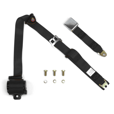 3 Point Retractable Black Lap Seat Belt, Airplane Buckle, Pair