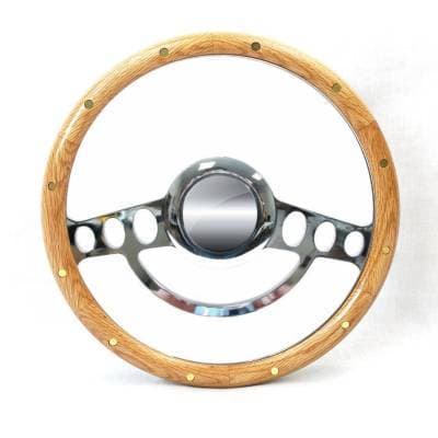 14" Chrome Hot Rod Steering Wheel w/Real Oak Half-Wrap