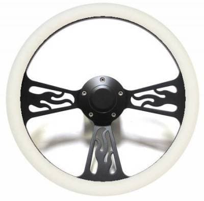 14" Black Billet Flamed Steering Wheel w/Your Choice of Horn and Half-Wrap