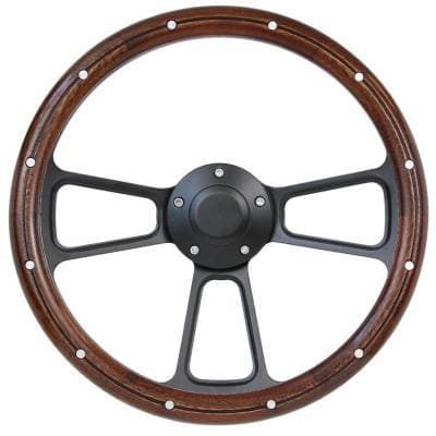 14" Billet and Real Mahogany Ford Steering Wheel Kit Includes Adapter, Horn Button