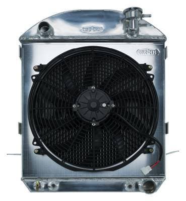 24-27 T-Bucket Chevy Engine Aluminum Performance Radiator and 16 Inch Fan Kit Cold Case Radiators